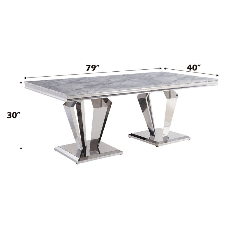 Satinka - Dining Table - Light Gray Printed Faux Marble Top & Mirrored Silver