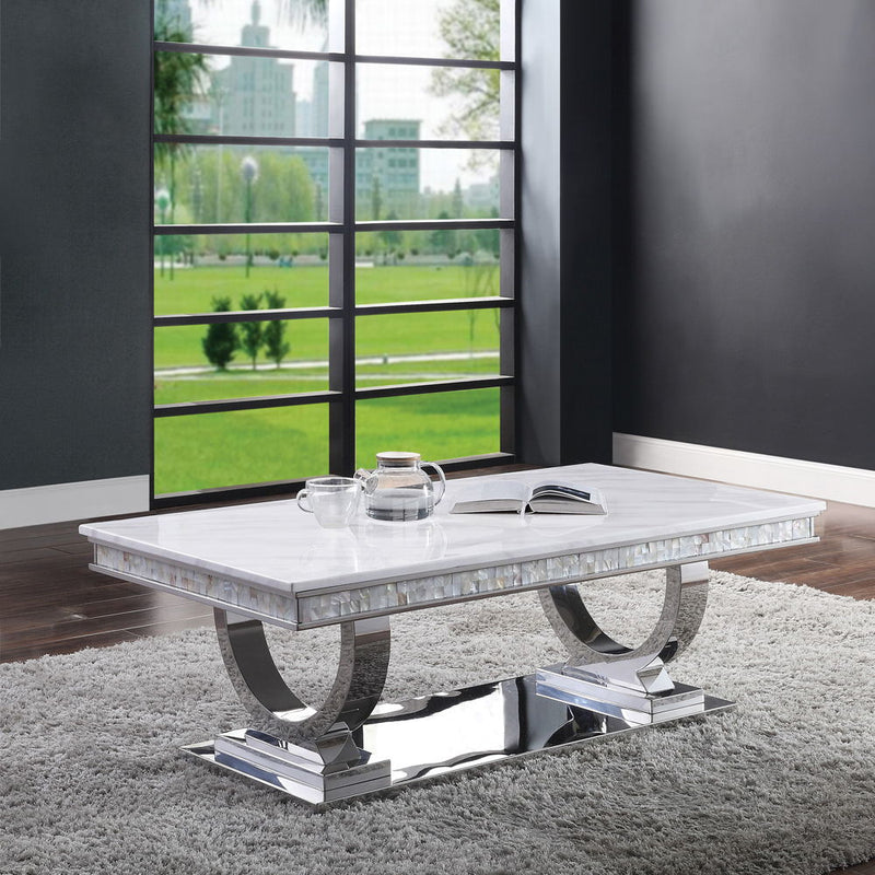 Zander - Coffee Table - White Printed Faux Marble Top & Mirrored Silver