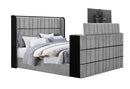 Isabella - King Upholstered Bed With LED, TV Lift, Bluetooth Speaker And Firpeplace Crystal - Gray