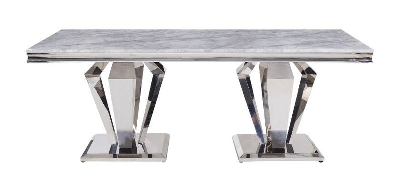 Satinka - Dining Table - Light Gray Printed Faux Marble Top & Mirrored Silver