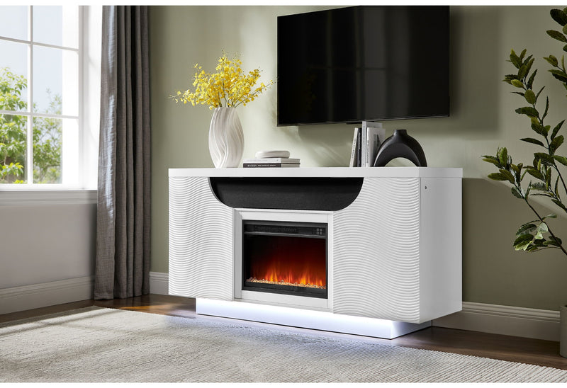 Aileen - 66" Entertainment Unit With LED, Speakers, Crystal Inserts And Pop Up Center Doors - White