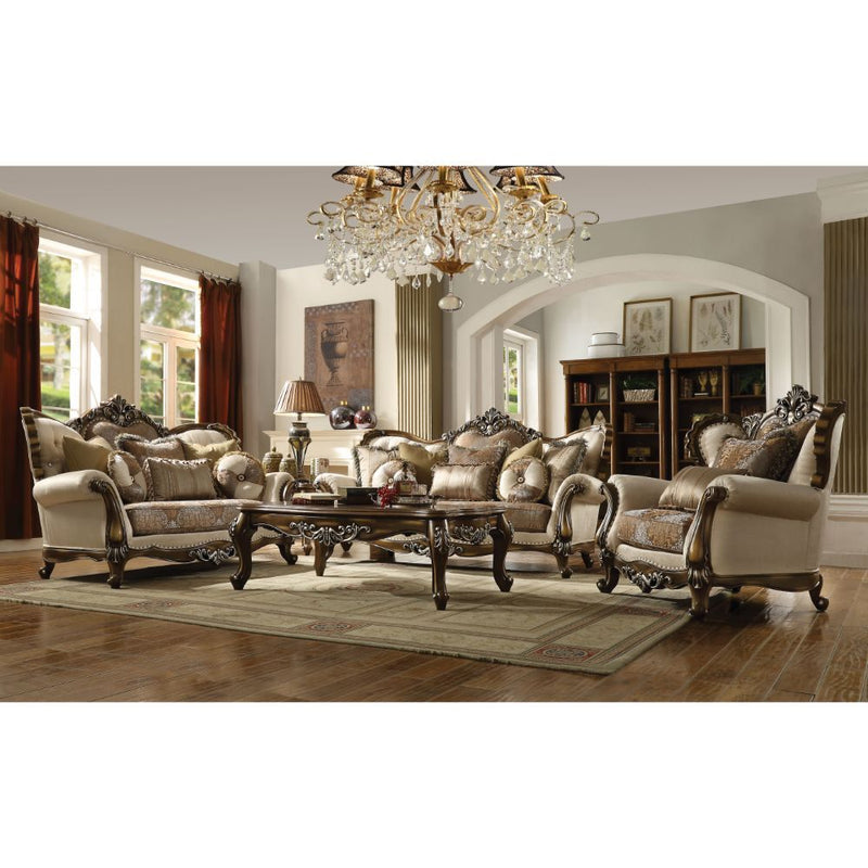 Latisha - Loveseat With 6 Pillows (Same Lv01577) - Tan, Pattern Fabric & Antique Oak