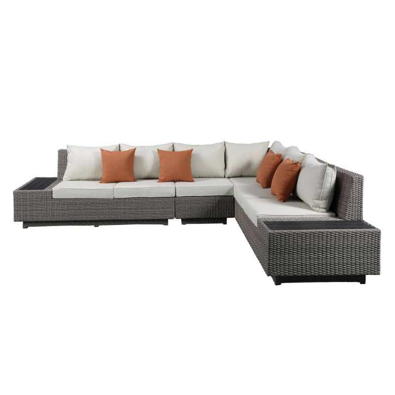 Salena - Patio Sectional Sofa With 4 Pillows & Coffee Table - Beige Fabric & Gray Wicker