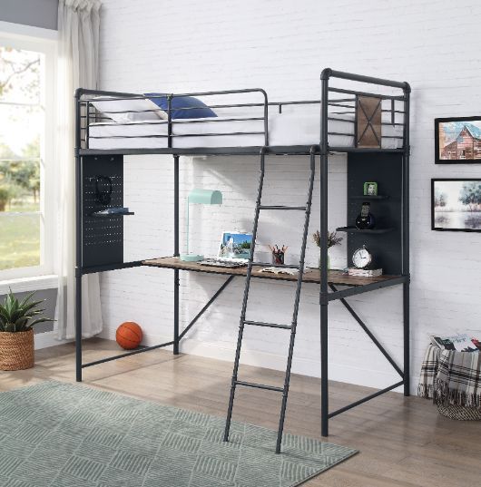 Cordelia - Twin Loft Bed With Desk - Antique Oak, Sandy Black & Dark Bronze Hand-Brushed