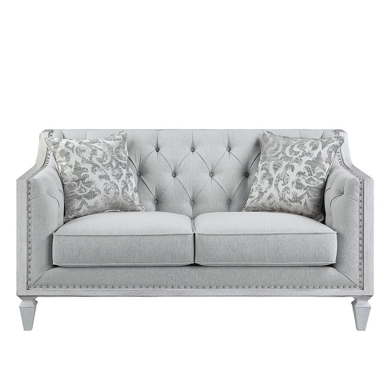 Katia - Loveseat With 2 Pillows - Light Gray Linen & Weathered White
