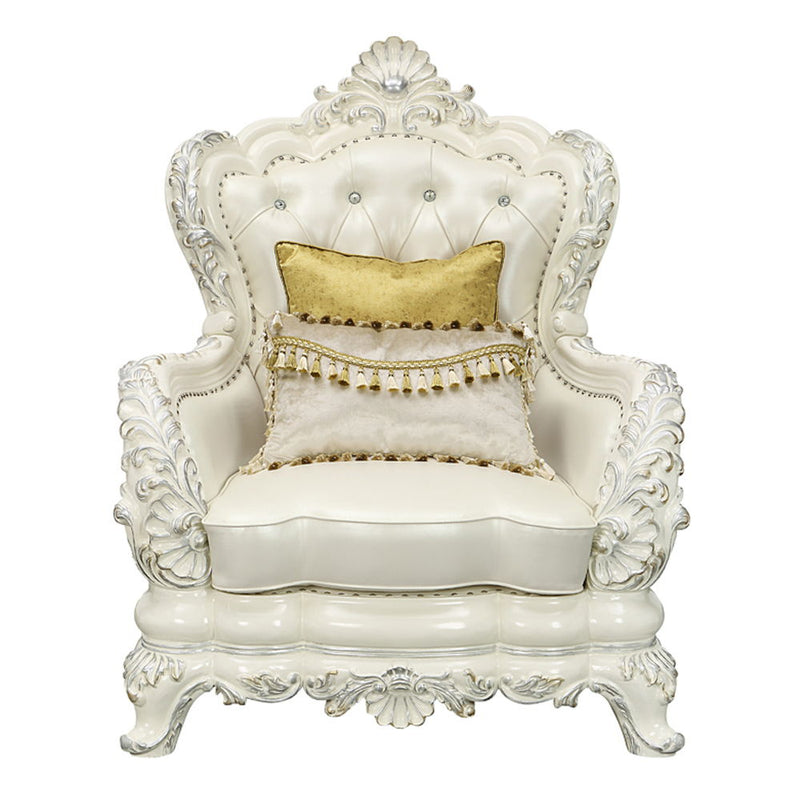 Adara - Chair With 2 Pillows - Pearl White Synthetic Leather & Antique White