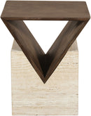 Opus - Travertine And Mango Wood End Table - Brown / Beige