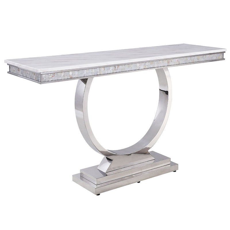 Zander - Sofa Table - White Printed Faux Marble Top & Mirrored Silver